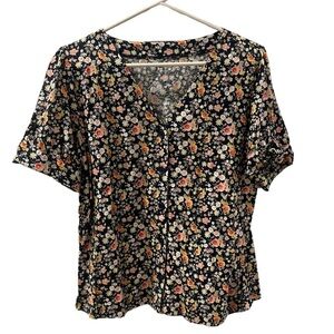 Loft Petite Cotton Floral Short Sleeve Shirt - Navy - Tie Sleeves